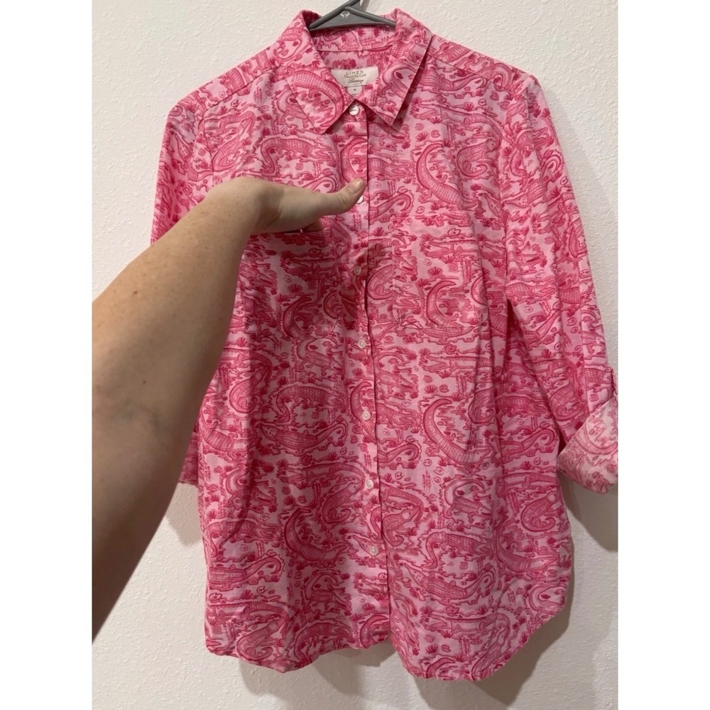 Charter Club Luxury Linen Pink Alligator Crocodile Print Button Down Shirt M - Picture 7 of 15